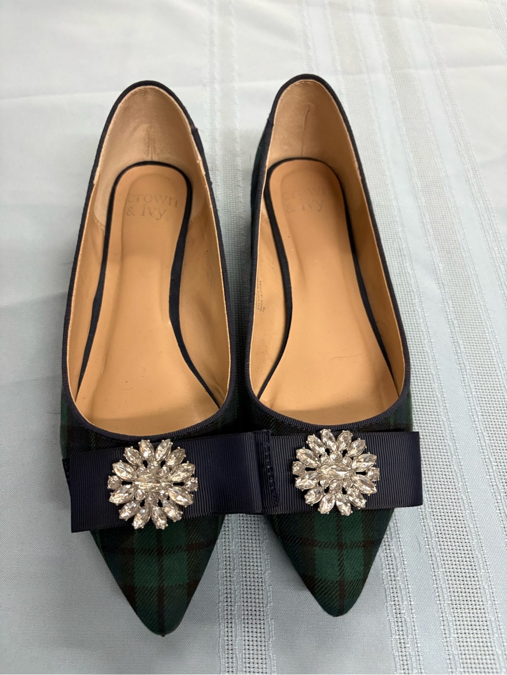 crown & ivy Green and Navy Plaid Pointed Toe Flats with Rhinestone Bow
